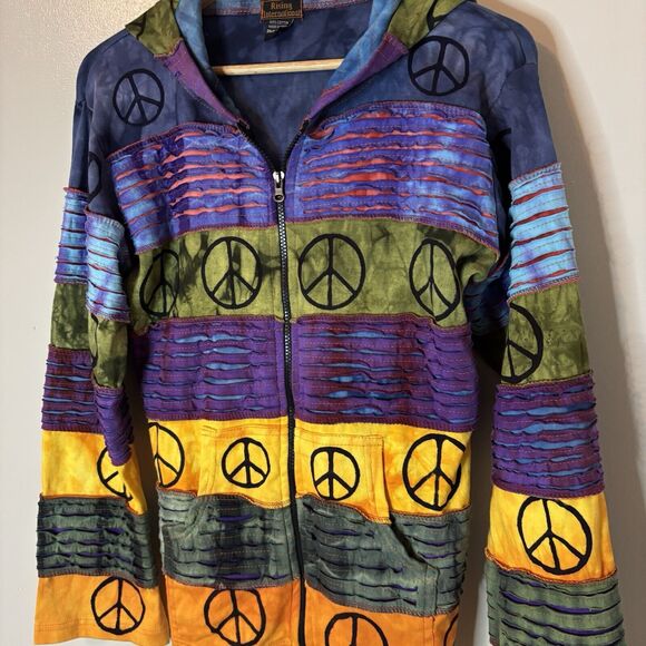 Vintage Y2K Rising International Patchwork Peace Sign Tie Dye Zip Up Hoo… - Picture 2 of 7